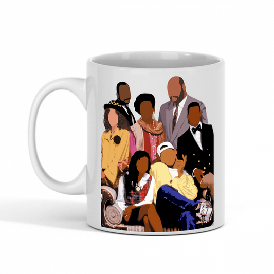 White 11 oz ceramic mug featuring faceless portrait of Banks' family from TV sitcom, Fresh Prince of Bel-Air